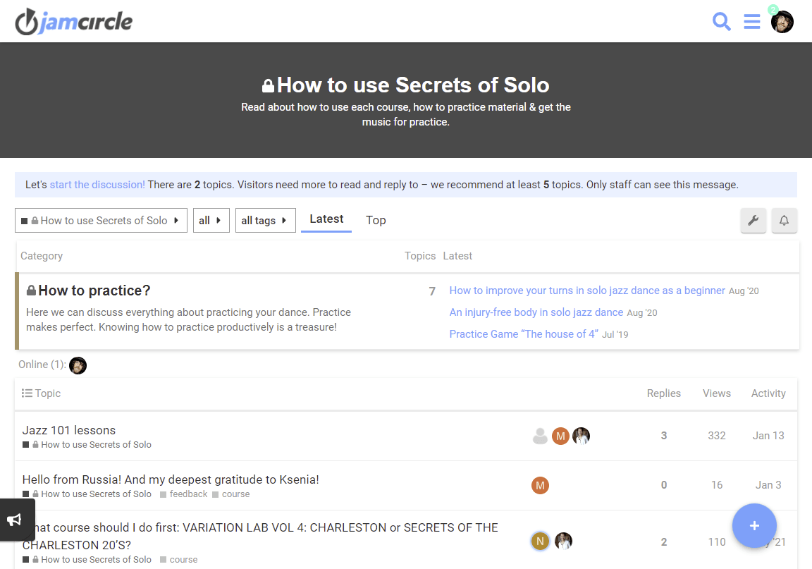 screenshot of jam circle discussion forum
