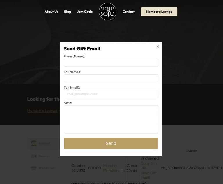 screenshot of a popup form that will send an email to the recipient with a link to redeem their gift membership